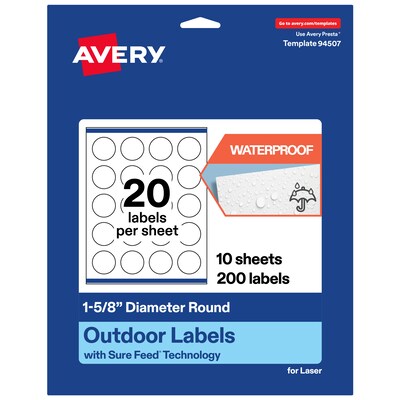 Avery Waterproof Round Laser Multipurpose Labels, 1-5/8 Dia., White, 200/Pack (19479399428)