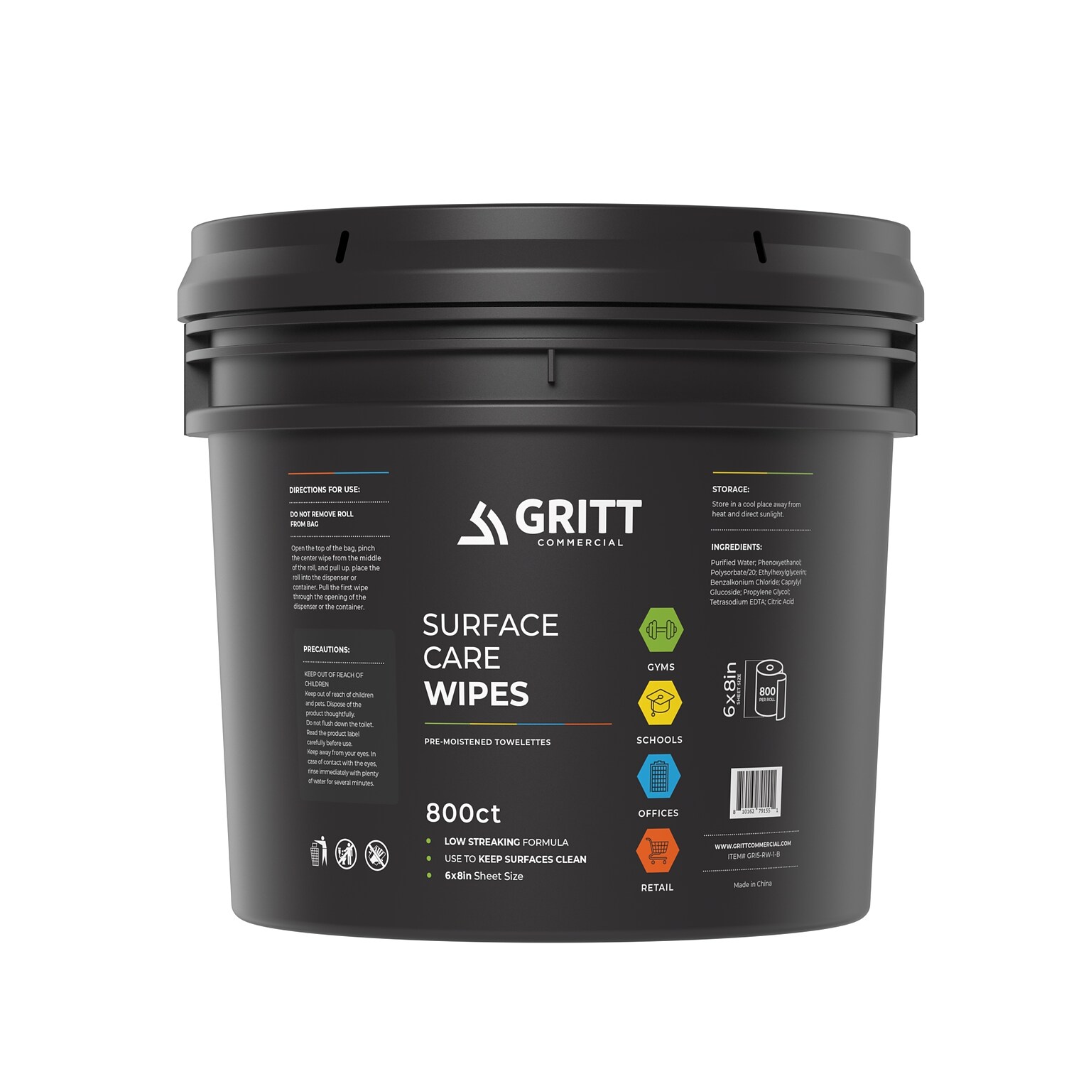 Gritt Commercial Professional All-Purpose Wipes with Bucket Dispenser, 800 Count (GRI5-RW-1-B)