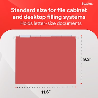 Staples® Hanging File Folders, 1/5-Cut Tab, Letter Size, Red, 25/Box (ST163535-CC)