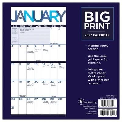 2027 TF Publishing Big Print 7" x 7" Monthly Wall Calendar, Multicolored (27-2111)