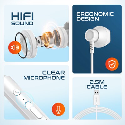 Delton 10E USB Wired Computer Earbuds with Microphone, White (DWH10EWH)