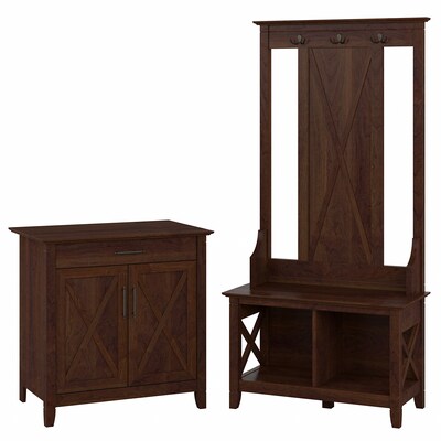 Bush Furniture Key West 66 Entryway Storage Set with Hall Tree, Shoe Bench, and Armoire Cabinet, Bi