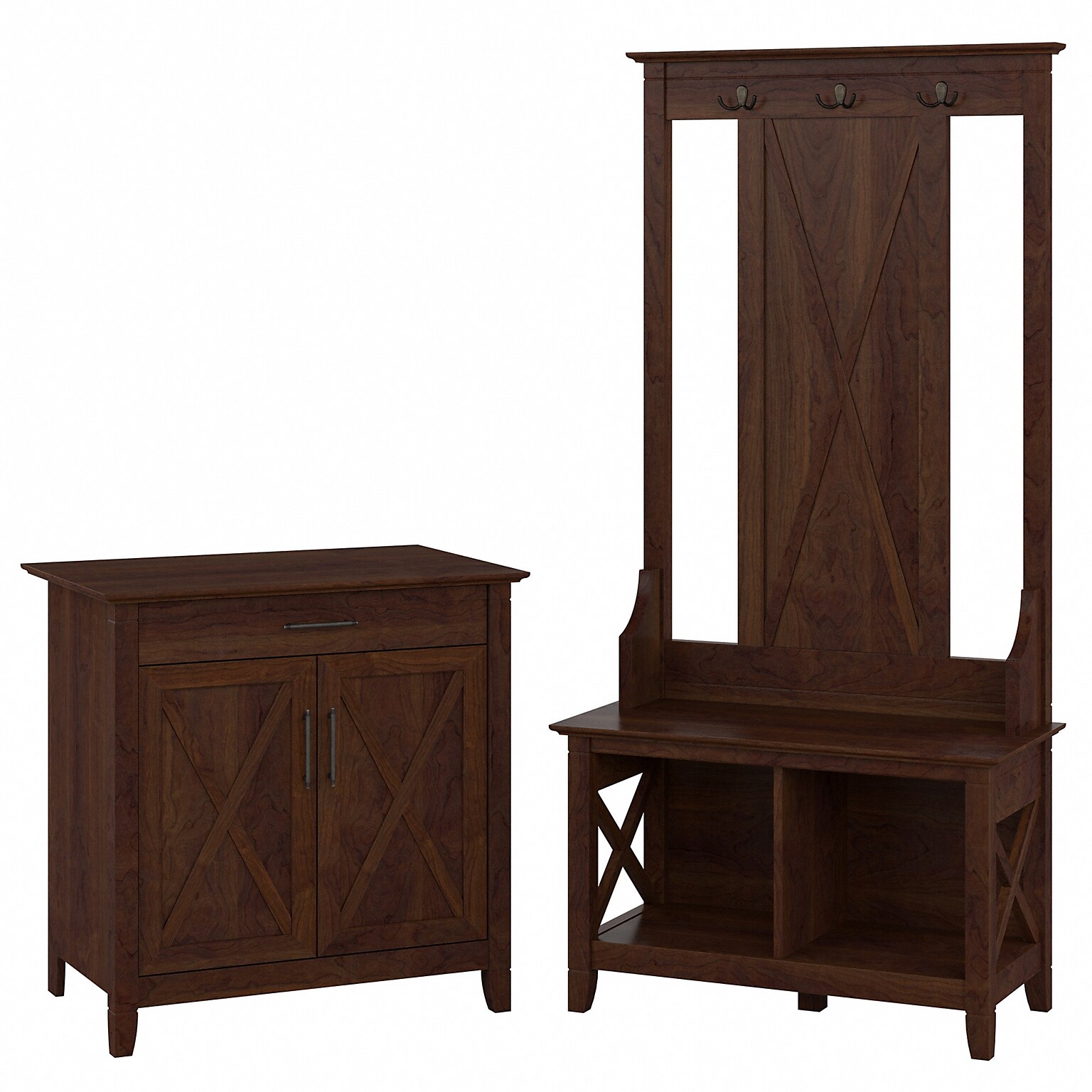 Bush Furniture Key West 66 Entryway Storage Set with Hall Tree, Shoe Bench, and Armoire Cabinet, Bing Cherry (KWS055BC)