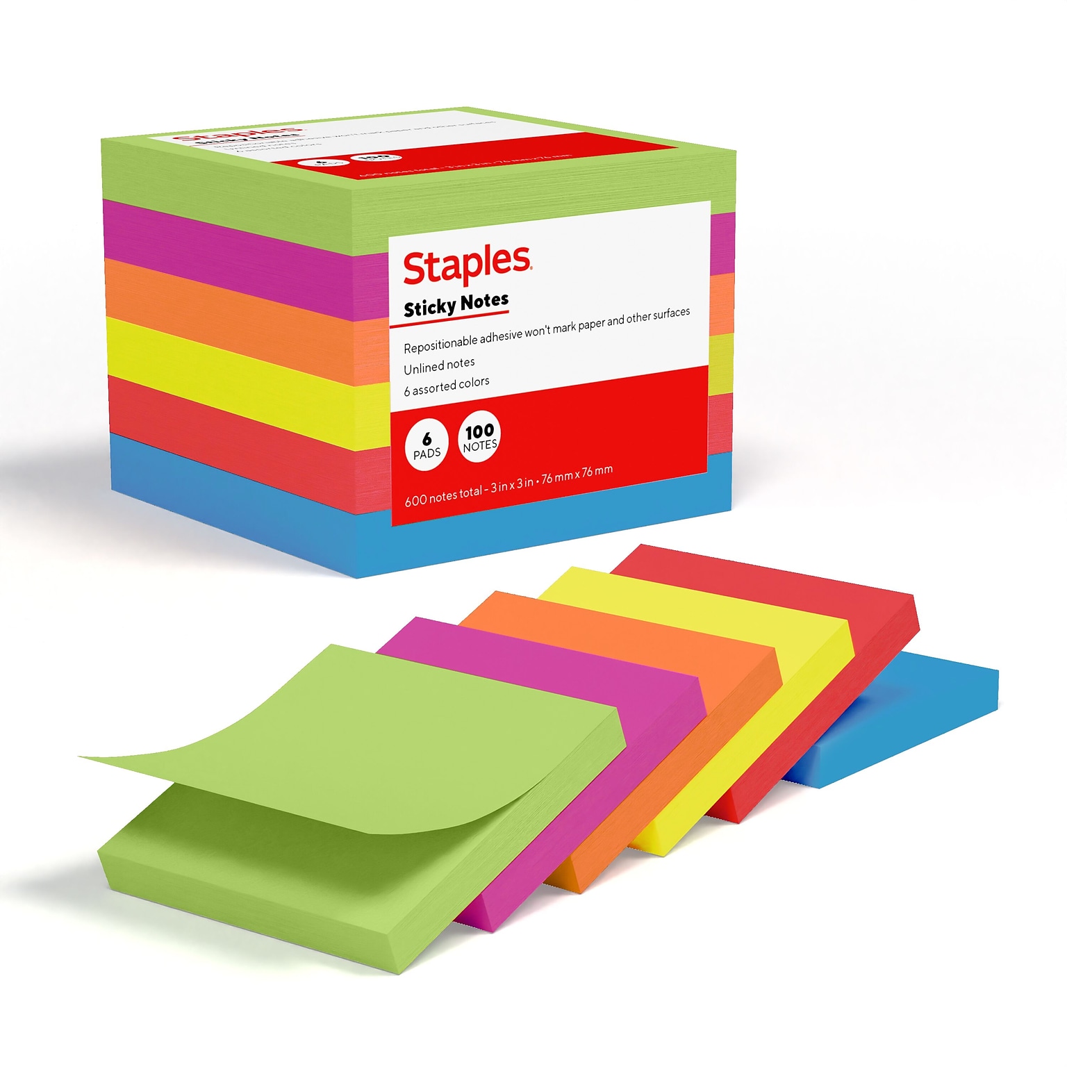 Staples Sticky Notes, 3 x 3, Summer Breeze Collection, 100 Sheets/Pad, 6 Pads/Pack (ST62867)