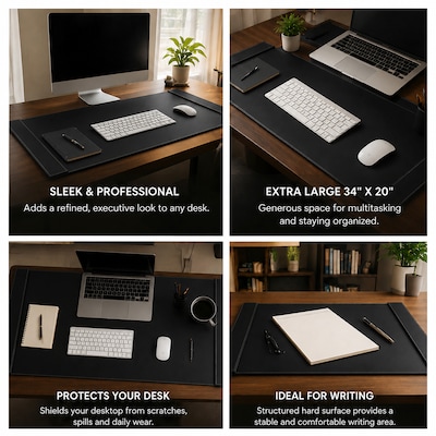 SUM Anti-Slip Faux leather Desk Pad with Side Rail, 34.5" x 24", Black (OSKDPD001)