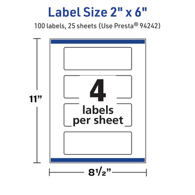 Avery TrueBlock Laser/Inkjet Rectangle Multipurpose Labels, 2" x 6", White, 100/Pack (94242)