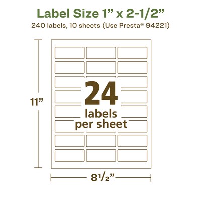 Avery EcoFriendly Laser/Inkjet Rectangle Multipurpose Labels, 1" x 2-1/2", White, 240/Pack (94221)