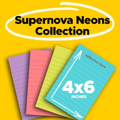 Post-it Super Sticky Notes, 4 x 6, Supernova Neons Collection, Lined, 45 Sheets/Pad, 24 Pads/Pack (660-24SSMIA-CP)