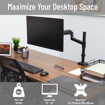Mind Reader Single Monitor Arm for 13 - 32 Monitor, Gas Spring VESA Desk Mount, Black, (AGTILT-BLK)