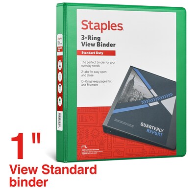 Staples® Standard 1" 3 Ring View Binder with D-Rings, Green (58652)