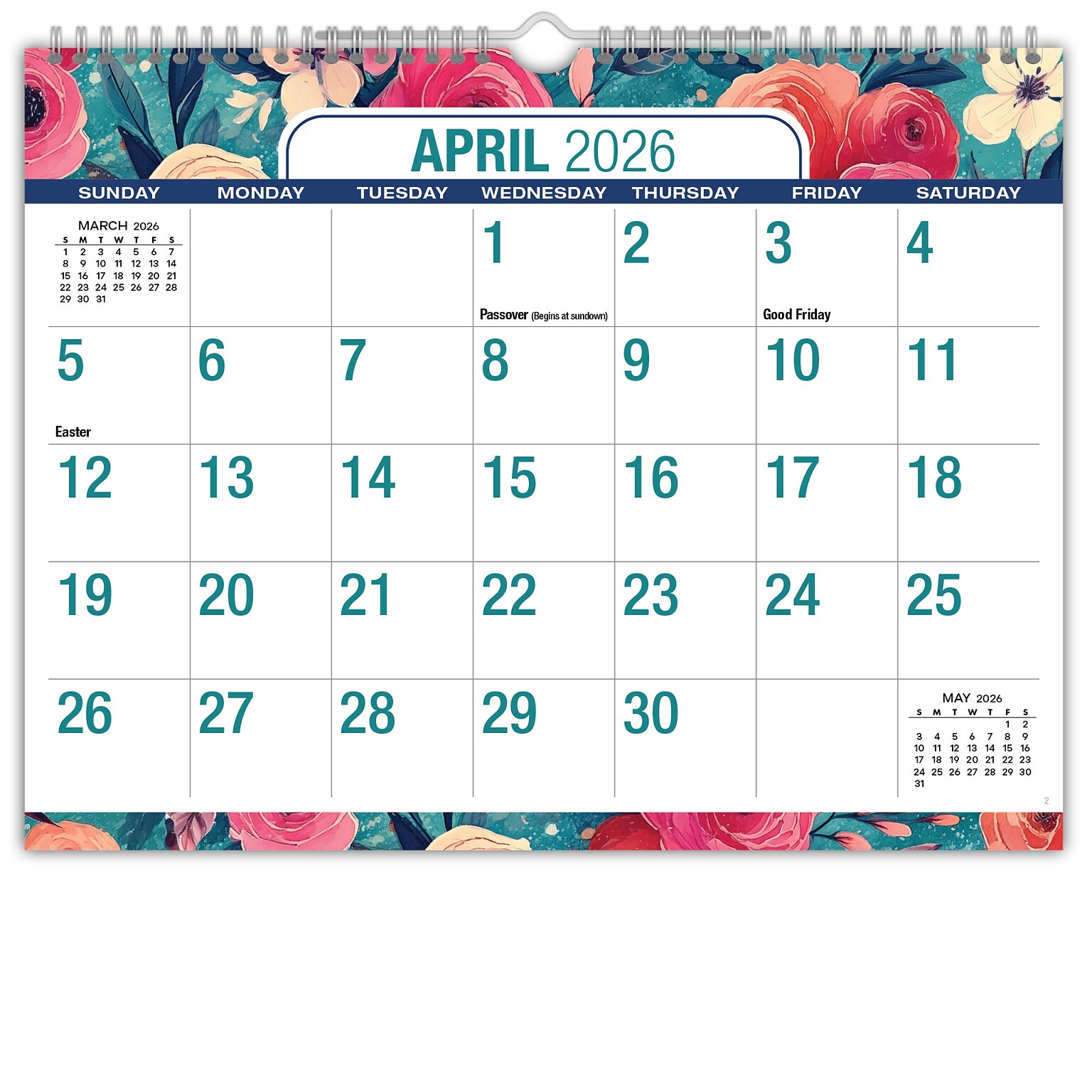 2026-2027 Excello Brands 8.5 x 11 Academic Monthly Wall Calendar, Teal Floral (NAY27-8511WC-17)