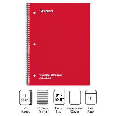 Staples® 1-Subject Notebooks, 8" x 10.5", College Ruled, 70 Sheets, Assorted Colors, 48/Pack (27498CT)