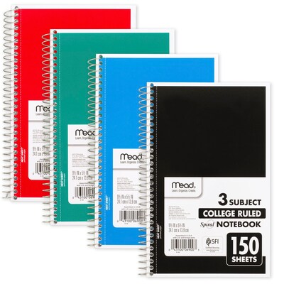 Mead 3-Subject Notebooks, 6" x 9.5", College Ruled, 150 Sheets, Assorted Colors, 12/Carton (06900CT)