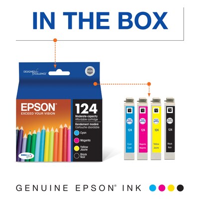 Epson T124 Black/Cyan/Magenta/Yellow Standard Yield Ink Cartridge, 4/Pack (T124120-BCS)