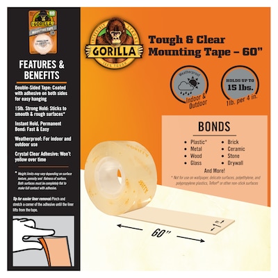 Gorilla Tough & Clear Double-Sided Mounting Tape, 1" x 60", Clear (6065003)