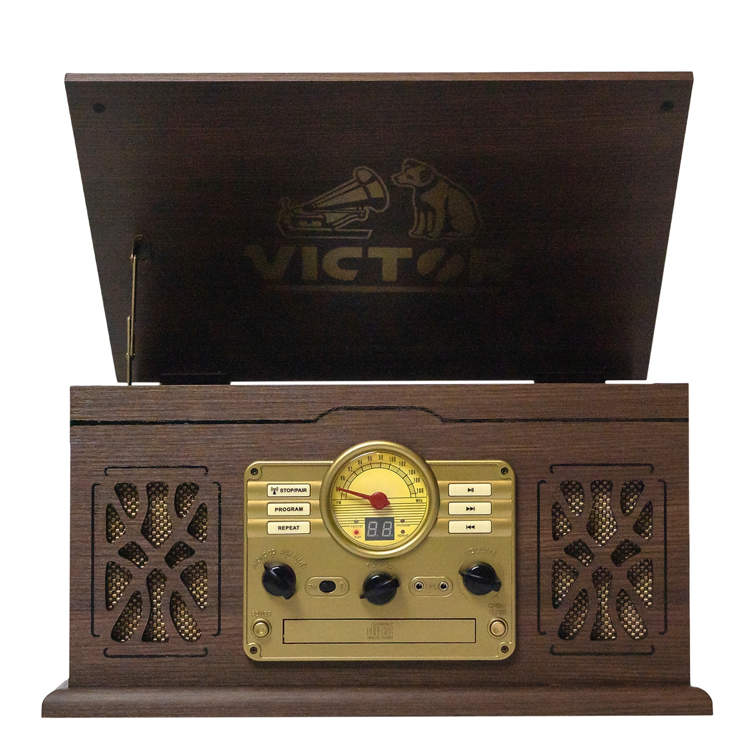 Victor State 7-in-1 Turntable Music Center w/ 3-Speed Record Player, CD/MP3/Cassette, FM, Dual Bluetooth In/Out, Espresso