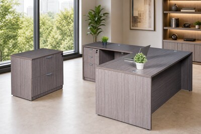 Boss Office Products 66" L-Shaped Desk with File Pedestal and Lateral File, Driftwood (GROUPA19-DW)
