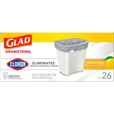 Glad Medium Drawstring Trash Bags with Clorox, 8 Gallon, Grey, Lemon Fresh Bleach Scent, 26/Box(79316)