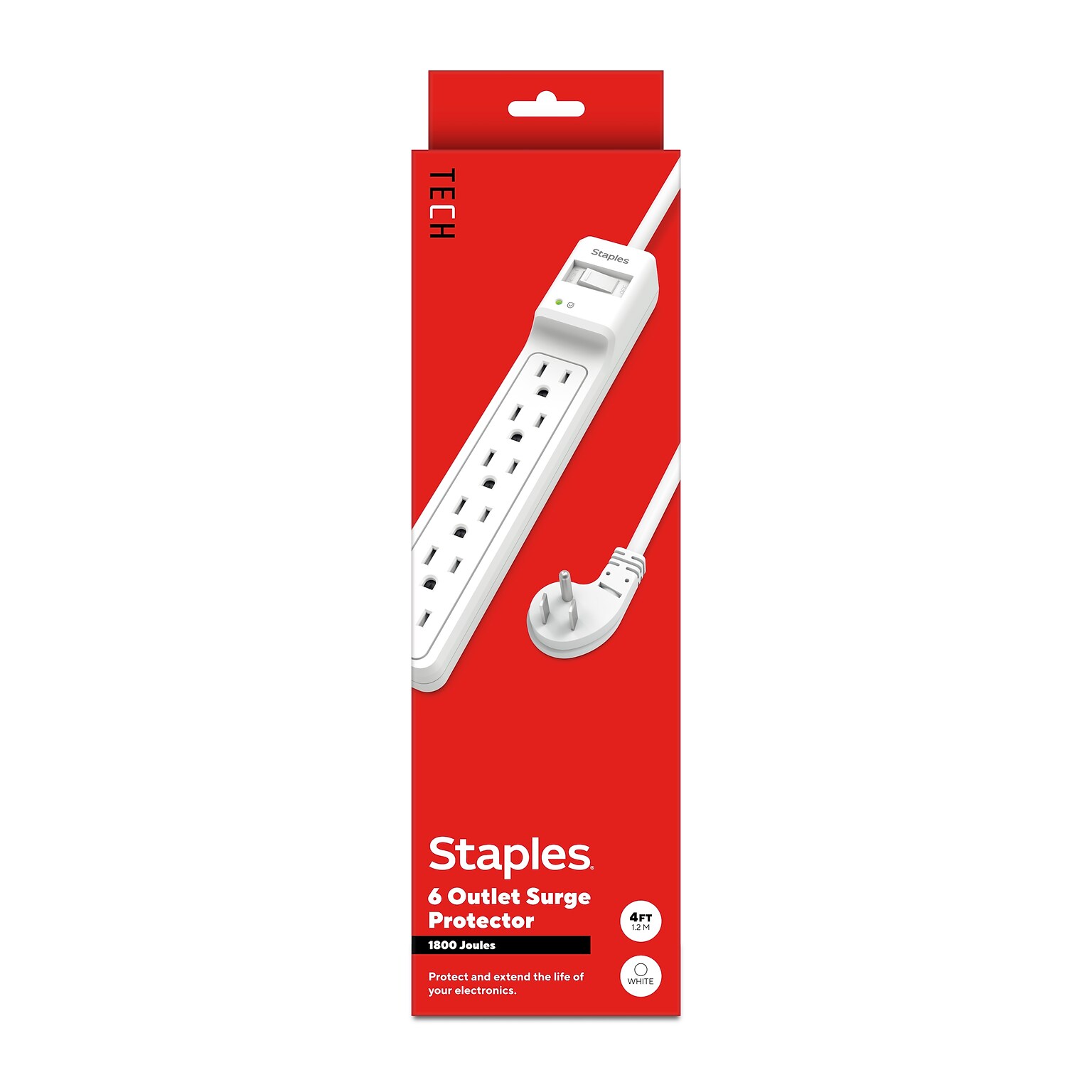 Staples TECH 6-Outlet Surge Protector, 4, 1800 Joules, White (ST62765)
