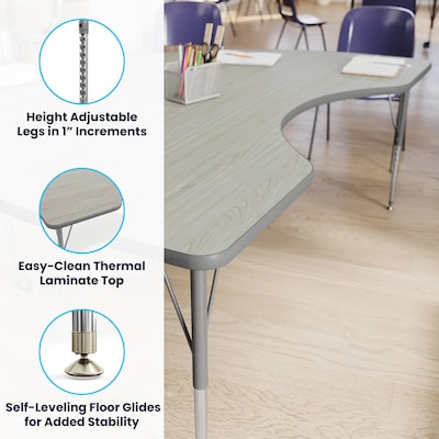 Flash Furniture Wren Kidney Activity Table, 72" x 48", Height Adjustable, Light Gray Top/Silver Frame (XUA4872KDLGTA)