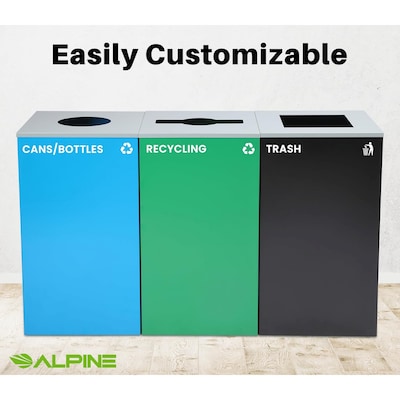 Alpine Industries Steel Recycling and Trash Can with Square and Circle Lid, 29 Gallon, Multicolor, 3/Pack (ALP4450-BLK-KIT35)