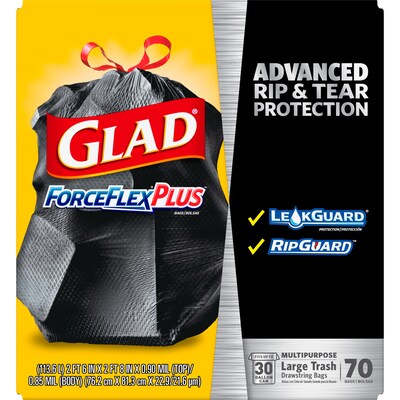 Glad ForceFlexPlus 30 Gallon Trash Bag, 5.31 x 10.06, Low Density, 0.90 mil, Black (70358)