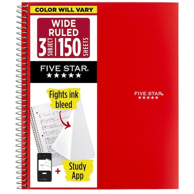 Five Star 3-Subject Notebooks, 8 x 10.5, Wide Ruled, 150 Sheets, Color Chosen at Random (51014)
