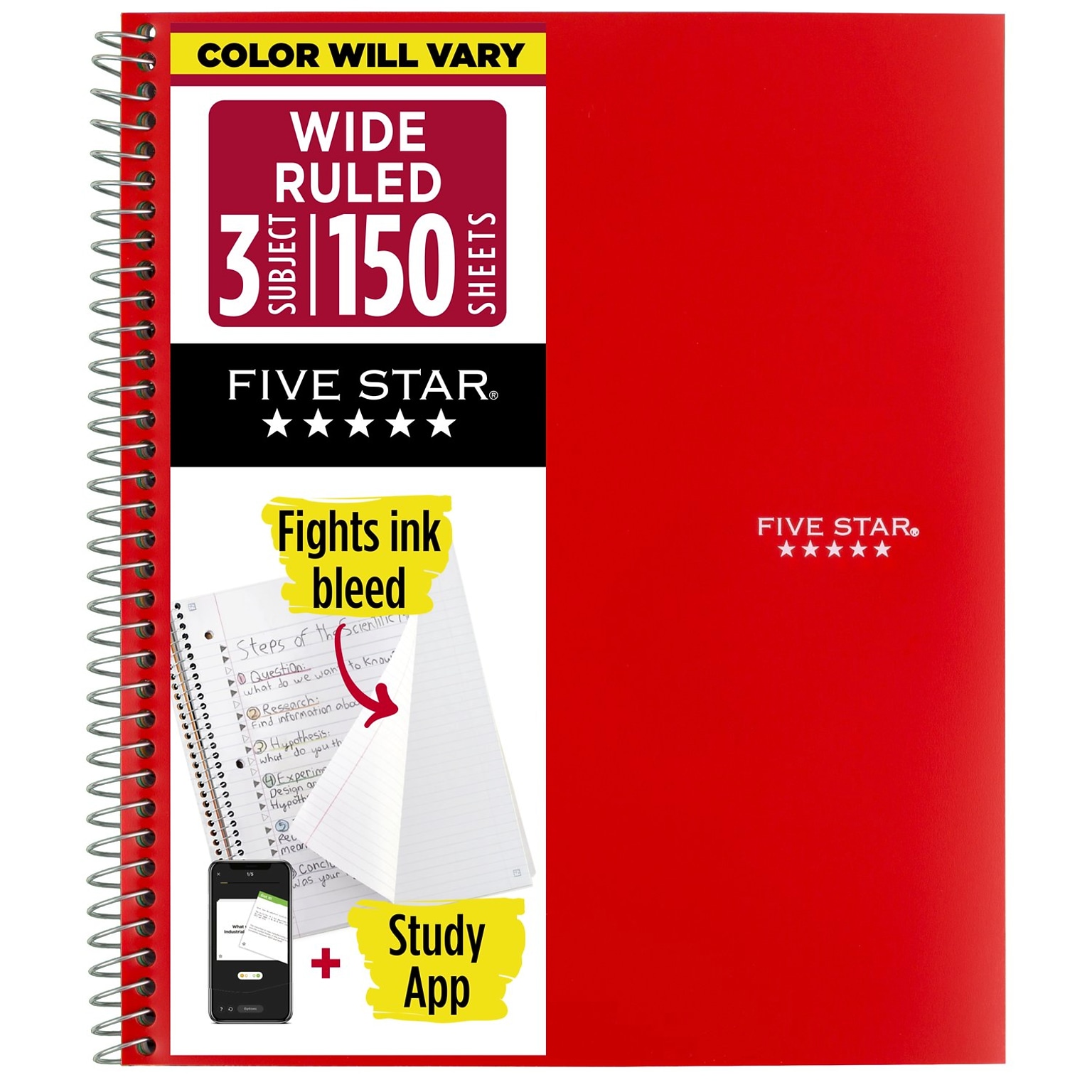 Five Star 3-Subject Notebooks, 8 x 10.5, Wide Ruled, 150 Sheets, Color Chosen at Random (51014)