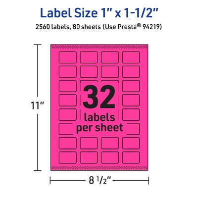 Avery Laser/Inkjet Rectangle Multipurpose Labels, 1" x 1.5", Neon Magenta, 2560/Box (94219)
