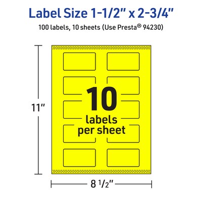 Avery Laser/Inkjet Multipurpose Rectangle Labels, 1.5" x 2.75", Neon Yellow, 100/Pack (94230)