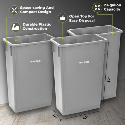 Alpine Industries Plastic Trash Can with Dolly, 23-Gallon, Gray, 3/Pack (ALP477-GRY-3PKD)