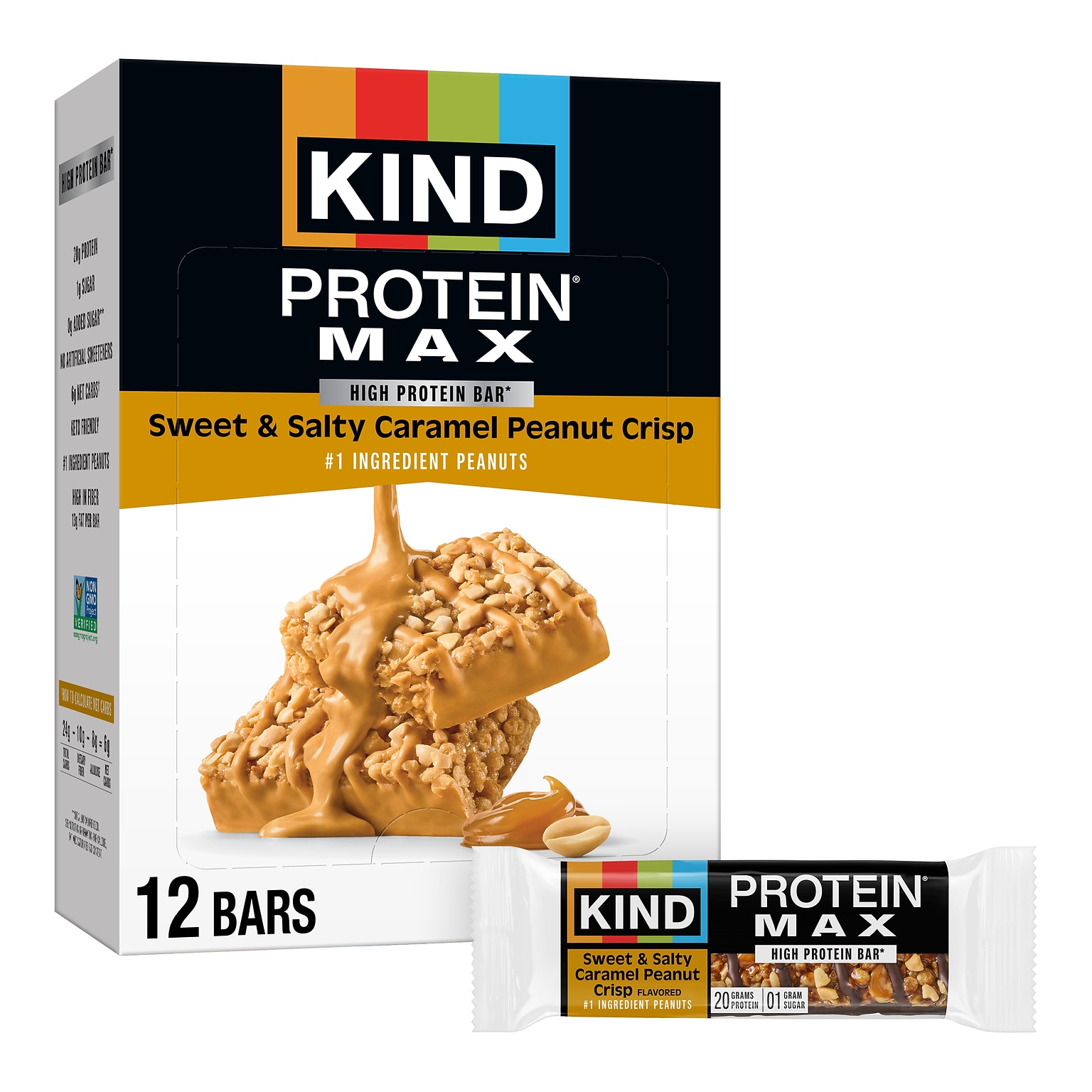 KIND Protein MAX Gluten Free Sweet & Salty Caramel Peanut Crisp Protein Bar, 2.2 oz., 12 Bars/Box (43475)