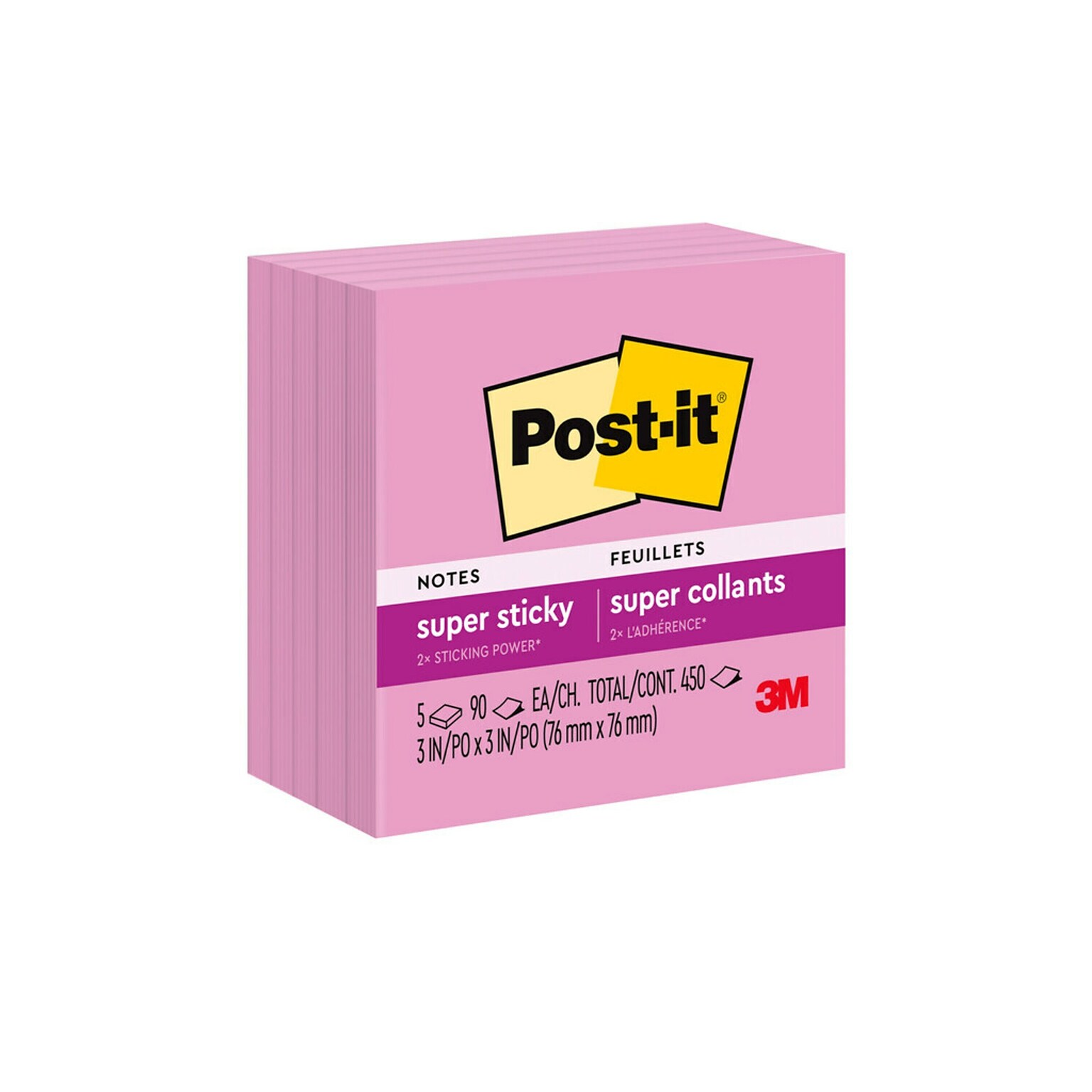 Post-it Super Sticky Notes, 3 x 3, Neon Pink, 90 Sheet/Pad, 5 Pads/Pack (654-5SSNP)