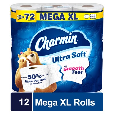 Charmin Ultra Soft Mega XL Toilet Paper, 2-Ply, White, 336 Sheets/Roll, 12 Rolls/Pack (08471)