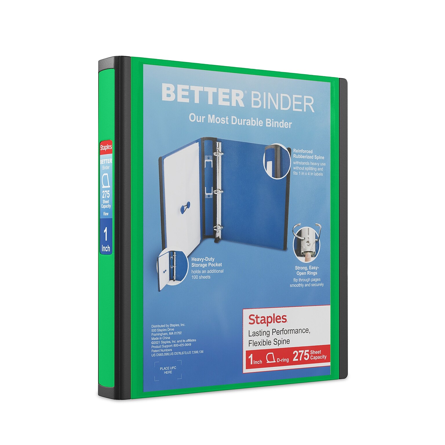 Staples Heavy Duty 1 3-Ring Better Binder, D-Ring, Green (ST55845-CC)