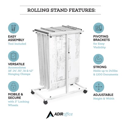 AdirOffice Blueprint Steel Vertical Plan Center Large File Storage Cart, White (614-WHI-KIT1)