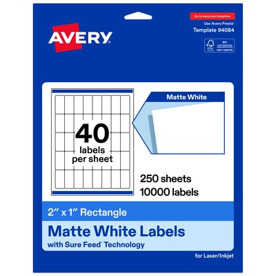 Avery Rectangle Laser/Inkjet Multipurpose Labels, White, 40 Labels/Sheet, 250 Sheets/Pack (19479311282)