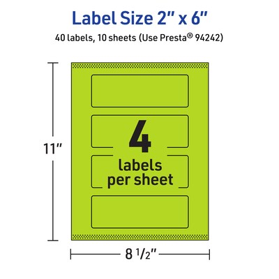 Avery Laser/Inkjet Multipurpose Rectangle Labels, 2" x 6", Bright Green, 40/Pack (94242)