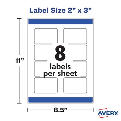 Avery Print-to-the-Edge Laser/Inkjet Labels, 2" x 3", Glossy Clear, 8 Labels/Sheet, 10 Sheets/Pack, 80 Labels/Pack (22822)