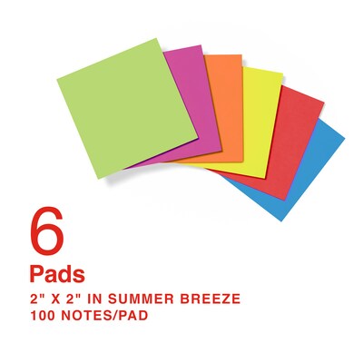 Staples Ultra Sticky Notes, 2 x 2, Summer Breeze Collection, 100 Sheets/Pad, 6 Pads/Pack (ST62880)