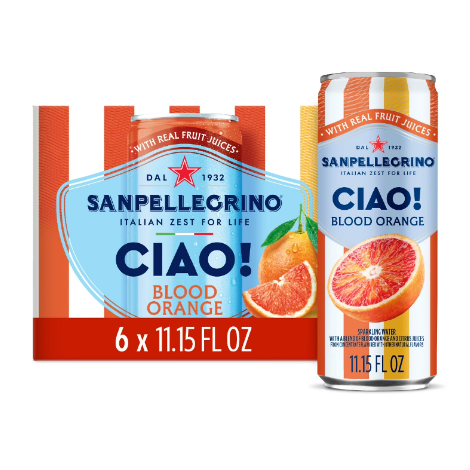 SANPELLEGRINO CIAO! Blood Orange Flavored Sparkling Seltzer Water, 11.15 oz., 6 Cans/Box (0-41508-59704-3)