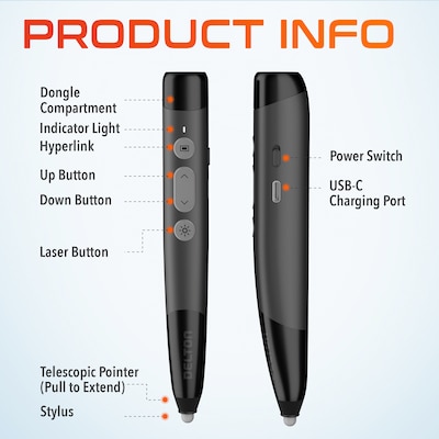 Delton LP99 2.4GHz Wireless Presentation Remote Laser Pointer Stylus and 30” Telescopic Pointer, Black (DLP99)
