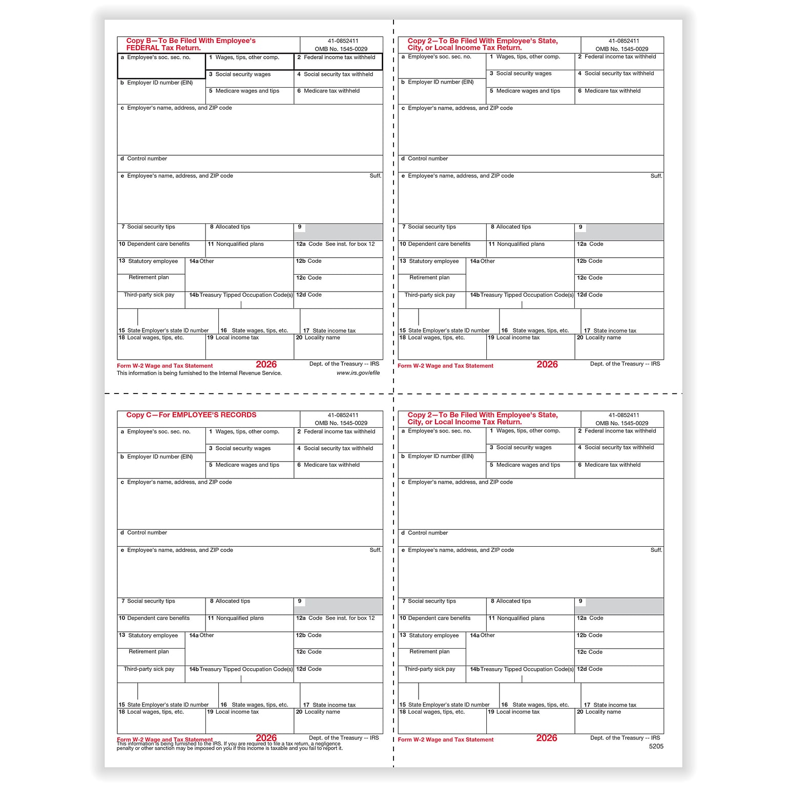 ComplyRight 2026 W-2 Tax Form, 1-Part, 4-Up, Copy B, C, 2, 500/Pack (5205B)
