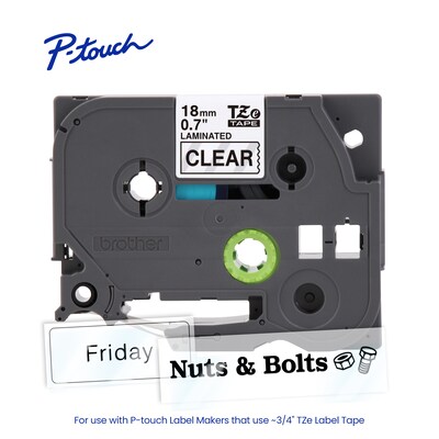 Brother P-touch Laminated Label Tape, ~3/4" x 26.2', Black on Clear (TZe141)