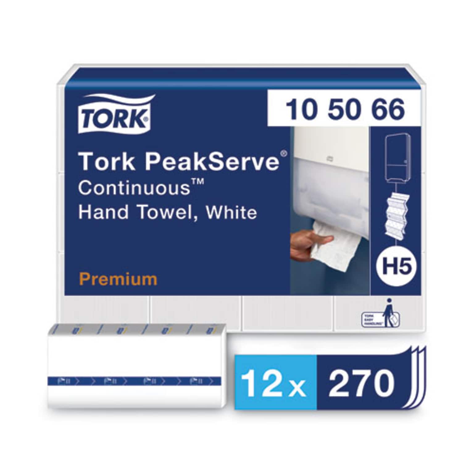 Tork PeakServe Continuous Hand Towel, 1-Ply, 7.91 x 8.85, White, 270 Wipes/Pack, 12 Packs/Carton (TRK105066)