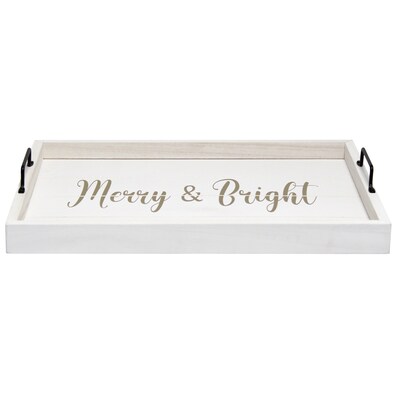 Elegant Designs "Merry & Bright" Decorative Wood Serving Tray w/ Handles, 15.50" x 12", White Wash (HG2000-WMB)