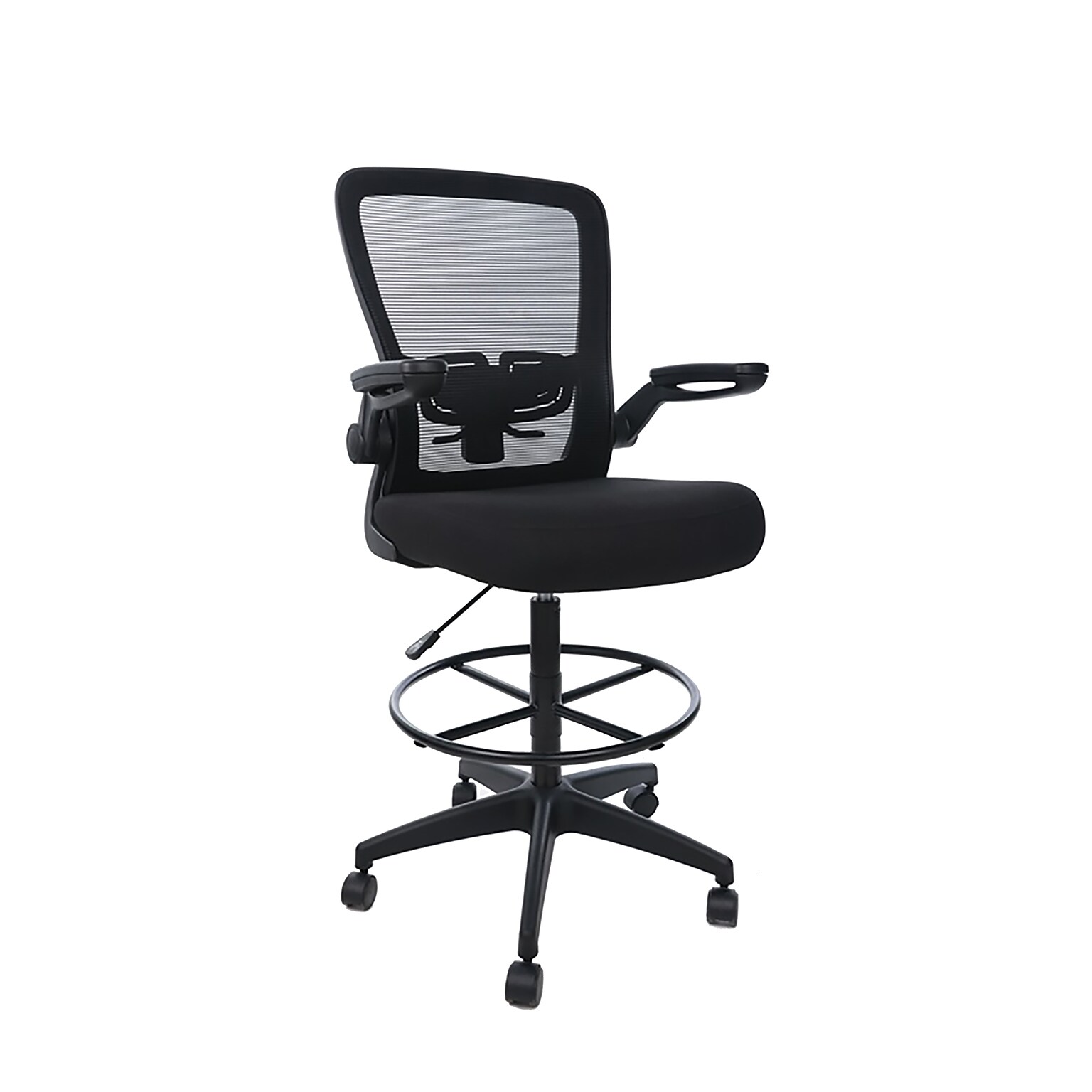 Boss Flip Arm Mesh/Fabric Stool with Footrest and Lumbar Support, Black (B16366BK-BK)