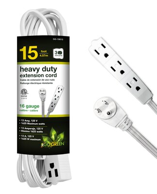 GoGreen Power 15 Extension Cord, 3-Outlet, 16 AWG, White (GG-19615)