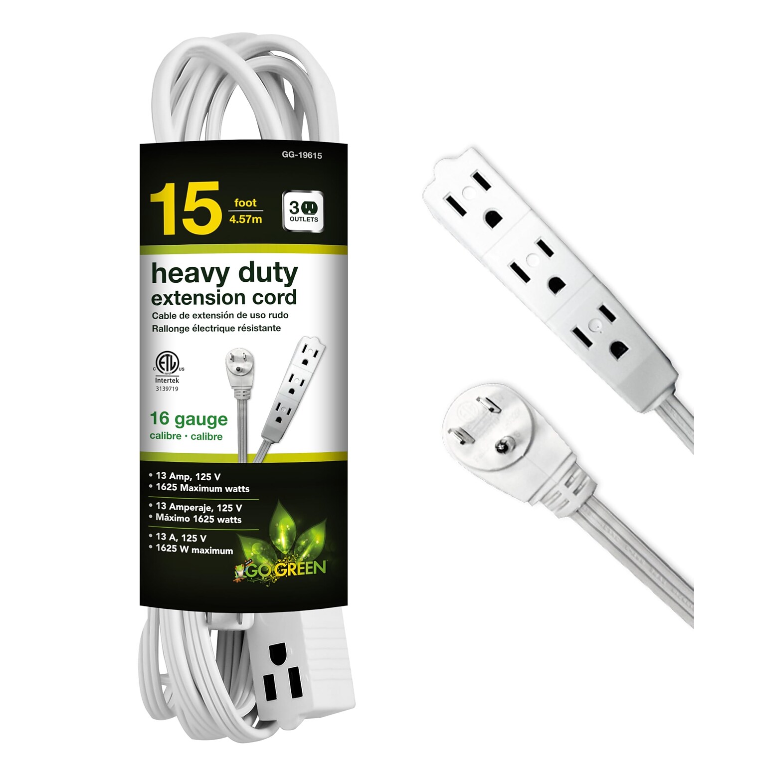 GoGreen Power 15 Extension Cord, 3-Outlet, 16 AWG, White (GG-19615)