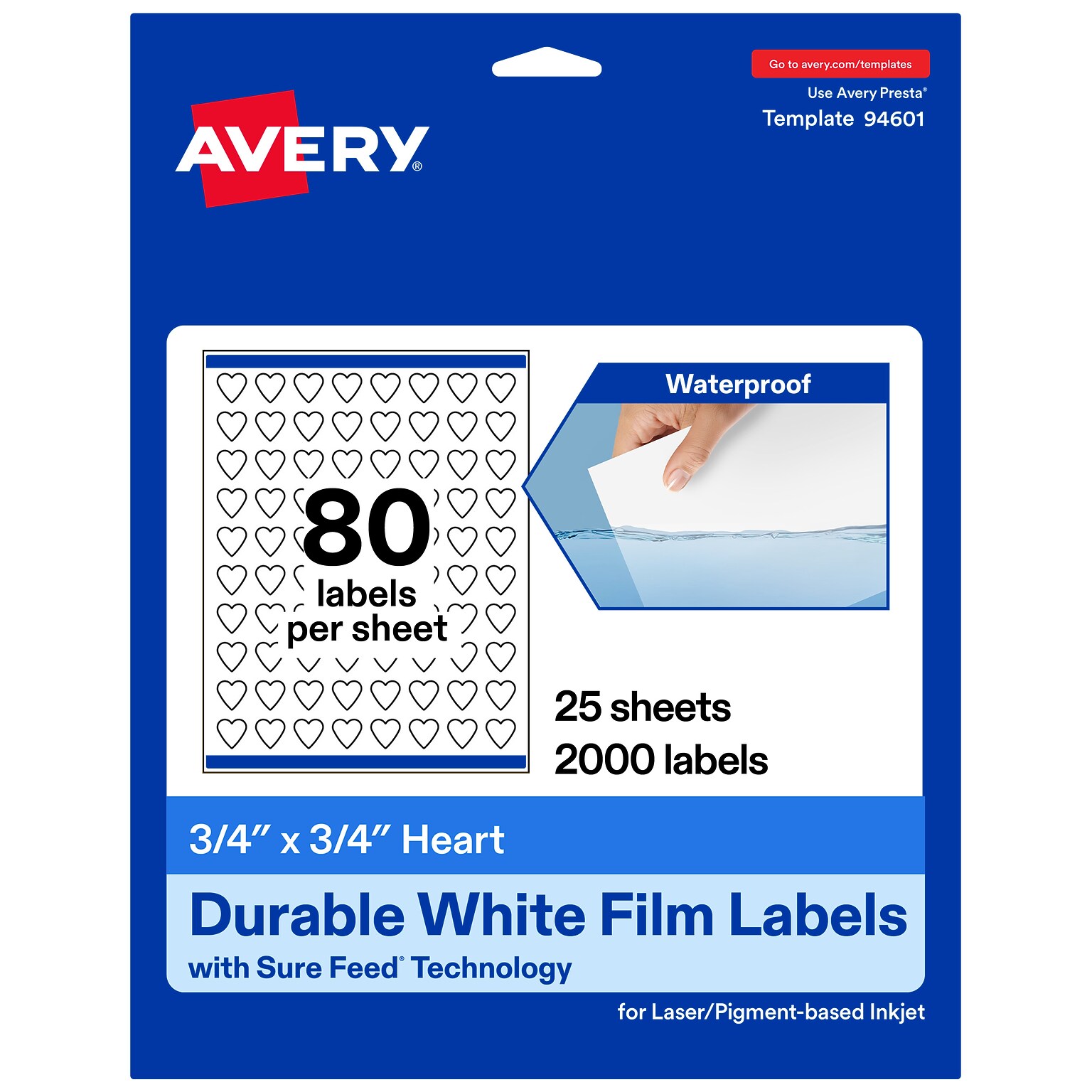 Avery Waterproof Heart Shaped Laser/Inkjet Multipurpose Labels, 0.75 x 0.75, White, 2000/Pack (94601)